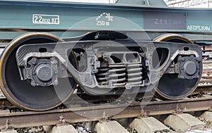 Wheels springs and truck at a railway car on rails