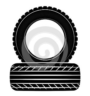 Wheels and tires are black. For a logo or emblem of a tire store or car workshop. For tire fitting.