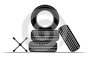 Wheels and tires are black. For a logo or emblem of a tire store or car workshop. For tire fitting.