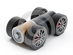 Wheels and tires connected to AA battery. 3D illustration