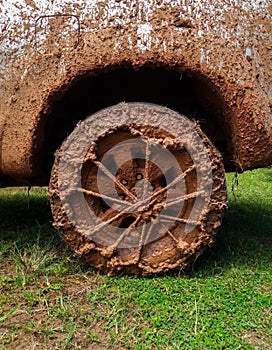 Wheels tires and off road truck shaft that goes in the and mud through the wheels in forest