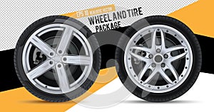 Wheels and tires package. Realistic vector. A set of winter and summer car tires. Car wheel with alloy rims.  Wheel parts. Tire se