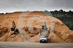 10 wheels truck is loading wood chip at stock piles ready to load to vessel for export. Paper and biomass industries.