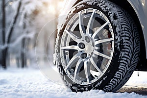 Wheels with winter tires in the snow on a background of winter forest, concept.