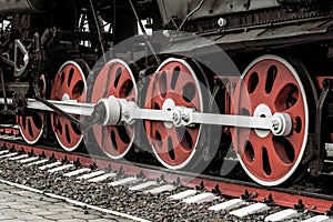 Wheelset, wheels of old steam locomotives. a pair of wheels. retro locomotives. vintage