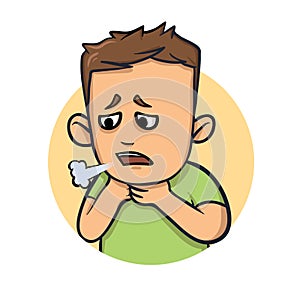 Wheezing, coughing boy. Signs of sickness. Flat vector illustration. Isolated on white background.