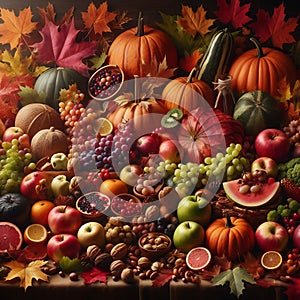 Autumn leaves alongside seasonal fruits, vegetables, and other natural elements ,Generative AI