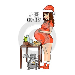 Where cookies. Xmas illustration with pregnant girl,