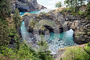 Where rocky coastline jut out into sea. Sea arches and coastal inlets. Rocky coast in Oregon, USA photo
