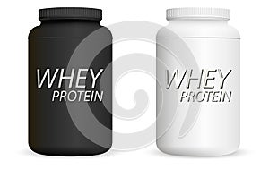 Whey protein black and white bottles set. Sports