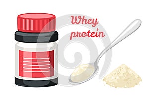 Whey protein in bottle Isolated on white background. Spoon with whey protein powder. Vector illustration of sports nutrition