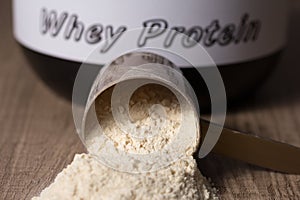 Whey Protein. Dropped scoop with vanilla powder flavour. Wooden