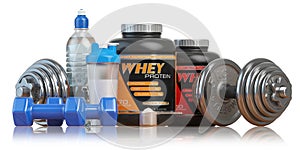 Whey protein with dumbbells and shaker. Sports bodybuilding sup