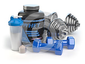 Whey protein with dumbbells and shaker. Sports bodybuilding sup