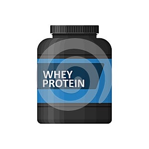 Whey protein isolated on white background. Sports nutrition icon container package, fitness protein power. Bodybuilding