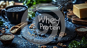 Whey protein jar with healthy ingredients on a rustic table