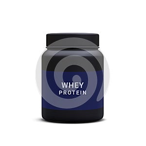 Whey protein in jar isolated on white background. Sports nutrition container icon. Protein powder for fitness. Sports nutrition