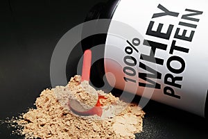 Whey Protein Powder in measuring scoop.