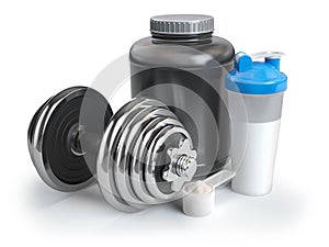 Whey protein powder in scoop with shaker and dumbbell. Bodybuil