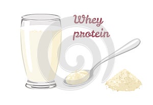 Whey protein powder in spoon isolated on white background. Drink with whey protein in glass.