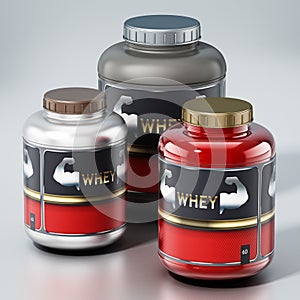 Whey protein powders isolated on gray background. 3D illustration