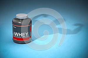 Whey protein with a shadow of bodibuilder. Sports  nutrition supplements for bodibuilding