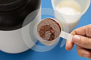 Whey Protein. Shaker with milk. Perspective, holding measuring scoop full of chocolate flavour powder on blue background