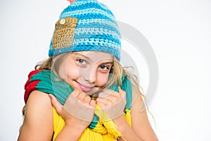 Which fabrics will keep you warmest this autumn. Warm woolen accessories. Girl happy face white background. Hat and