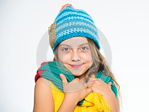 Which fabrics will keep you warmest this winter. Hat and scarf keep warm. Kid wear warm soft knitted blue hat and long