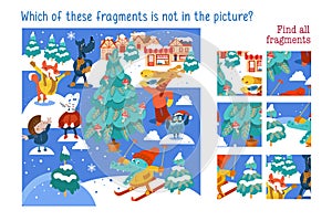 Which of these fragments is not in the picture. Find all fragments. Christmas forest with cute animals characters and photo