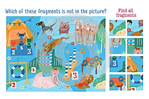 Which of these fragments is not in the picture. Find all fragments. Dog show with cute animals characters. Child Game