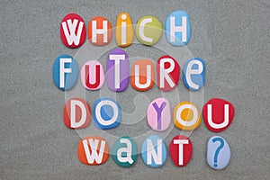 Which future do you want, social question composed with multi colored stone letters over green sand