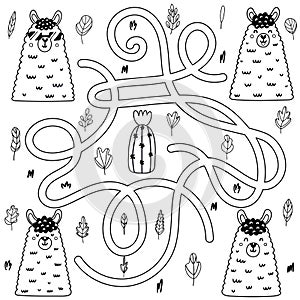 Which llama comes to the cactus. Black and white maze game