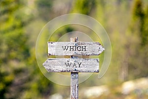 which way text carved on wooden signpost outdoors in nature.