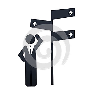 Which Way to Choose? - Business Decision Design Concept - Businessman Figure Scratching His Head While Standing Beside a Road Sign