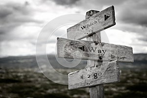 Which way to go wooden signpost outdoors in nature.