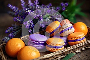 Whicker basket with purple and orange macarons near lavender flowers, fresh oranges and orange juice