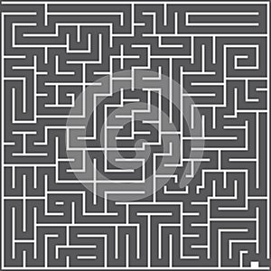 A whie square labyrinth top view on dark gray background. Classic Maze game. Gray maze for Your business project. Two exit
