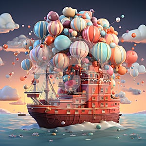whimsical 2D isometric illustration of container floating in mid-air, suspended by group of colorful balloons, with cargo ship