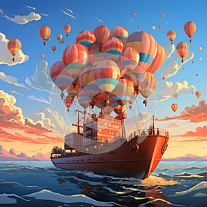 whimsical 2D isometric illustration of container floating in mid-air, suspended by group of colorful balloons, with cargo ship