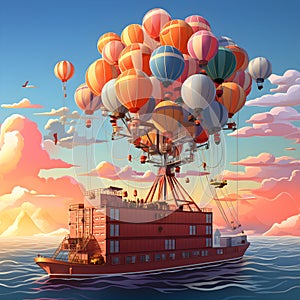 whimsical 2D isometric illustration of container floating in mid-air, suspended by group of colorful balloons, with cargo ship