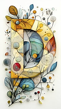 Botanical Abstract Art Featuring the Letter D Surrounded by Colorful Flowers and Leaves photo