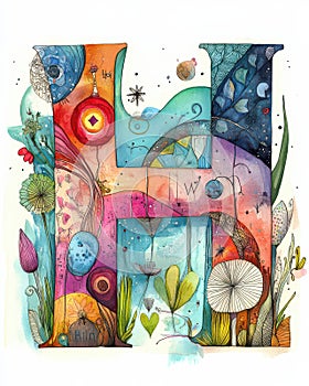 Botanical Abstract Art Featuring the Letter \'H\' Surrounded by Colorful Flowers and Leaves photo