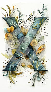 Botanical Abstract Art Featuring the Letter X Surrounded by Colorful Flowers and Leaves photo