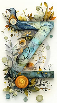 Botanical Abstract Art Featuring the Letter Z Surrounded by Colorful Flowers and Leaves photo