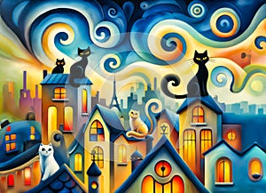 Whimsical, abstract, childlike, painterly fantasy art, oil painting of cats They are perched on the rooftops of different houses.