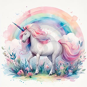 Whimsical abstract watercolor unicorn in a pastel hued meado, p photo