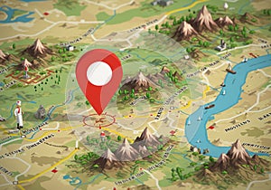 A whimsical, AI-generated map featuring a large red location