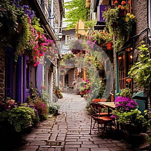 Whimsical alleyway adorned with hanging flowers, cobblestone streets, and locals enjoying tucked-away cafes in Quebec