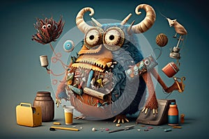 Whimsical animal contorting its body in a silly pose with a backdrop of quirky objects and toys